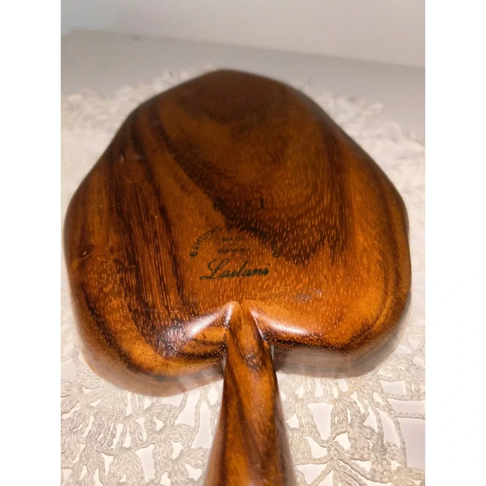 Lailani Monkey Pod Wood Leaf Tray Hawaii Strawberry Motif Vintage Catchall Dish